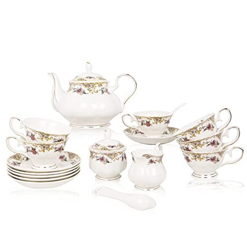 Acmlife BONE CHINA TEA SET For Adults White And Floral Fine China Tea Set 21-Piece English Tea Cups Set Of 6 cover