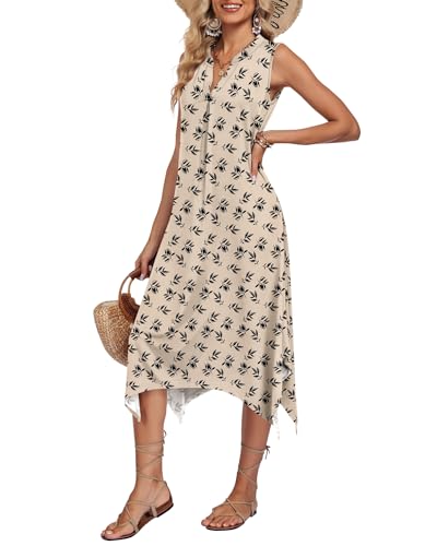 Image of AUSELILY Women Summer Midi Dress, Sleeveless Casual Asymmetrical & Pockets | V-neck midi sundress, asymmetrical flowy hem & side pockets, great for beach, vacation and daily wear