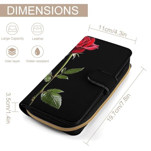 PU Leather Wallet with 12 Card Slots, Women Men Portable Wallets Multi-Functional Purse for Work, Travel, Red Rose Flower Black Elegant Large Capacity Wallet2