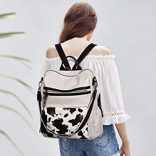 Image of CLUCI Backpack Purse for Women Fashion Leather Designer Travel Large Ladies Shoulder Bags with Tassel, Off-white Milk Pattern, Large,
