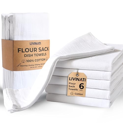 White - Flour Sack Tea Towels For Kitchen - For Embroidery Crafting Baking Sourdough Bread Proofing Drying Dishes - 28'X28' 100% Cotton - Bulk 6 Pack Mid Weight Plain Blank Flour Cloth Dish Towels