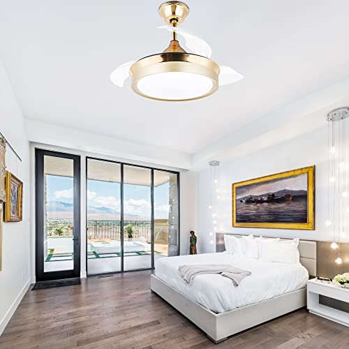 Image of 36'' Retractable Ceiling Fan with LED Light and Remote Control, Retractable Blades, 3 Color Dimmable Modern Ceiling Fan for Bedroom /Living Room /Dining Room Gold