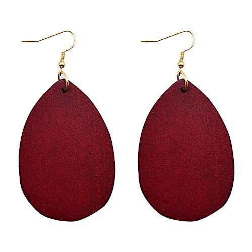 KaFu Dangle Natural Wood Teardrop Geometric Circle Earrings Stainless Steel Stud Bohemia Retro Earrings for Women Girls (Wine red)