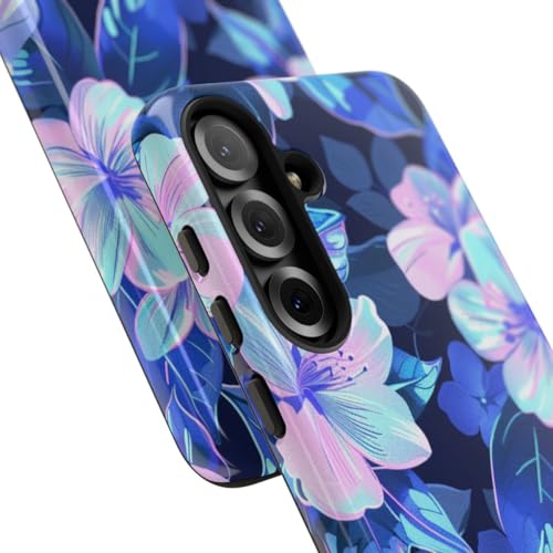 Coque fleurie bleu rose rigide brillante pour Samsung S25 Plus protectrice