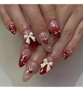 Valentine's Day Press on Nails Medium Almond Red Pink Ombre Fake Nails 3D Bow Red Heart Pearl Acr...