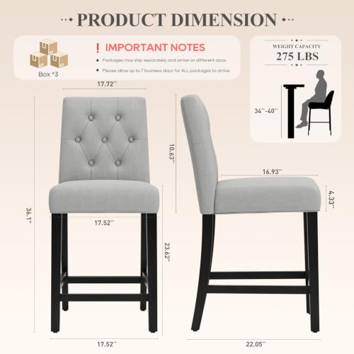 Image of MALOL Bar Stools Set of 6, Fabric Counter Height Bar Stools, Light Gray