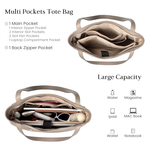 Image of befen Genuine Leather Tote Bag for Women Work Travel Leather Purse Handbags | Real Leather, Padded 14 inch Laptop Compartment, Multi-Pockets, Zipper, Tote Bag for Daily