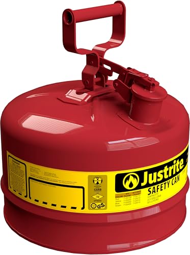 Justrite 2.5 Gallon Type I Red Safety Gas Can for Gasoline with Flame Arrester and Self-Closing Lid, Made in the USA, Galvanized Steel Flammable Storage Can, 7125100