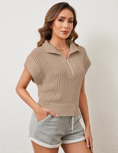 Image of Womens Spring Cap Sleeve Crochet Sweaters Loose Fit Quarter Zip Lightweight Hollow Out Beach Vacations Clothes