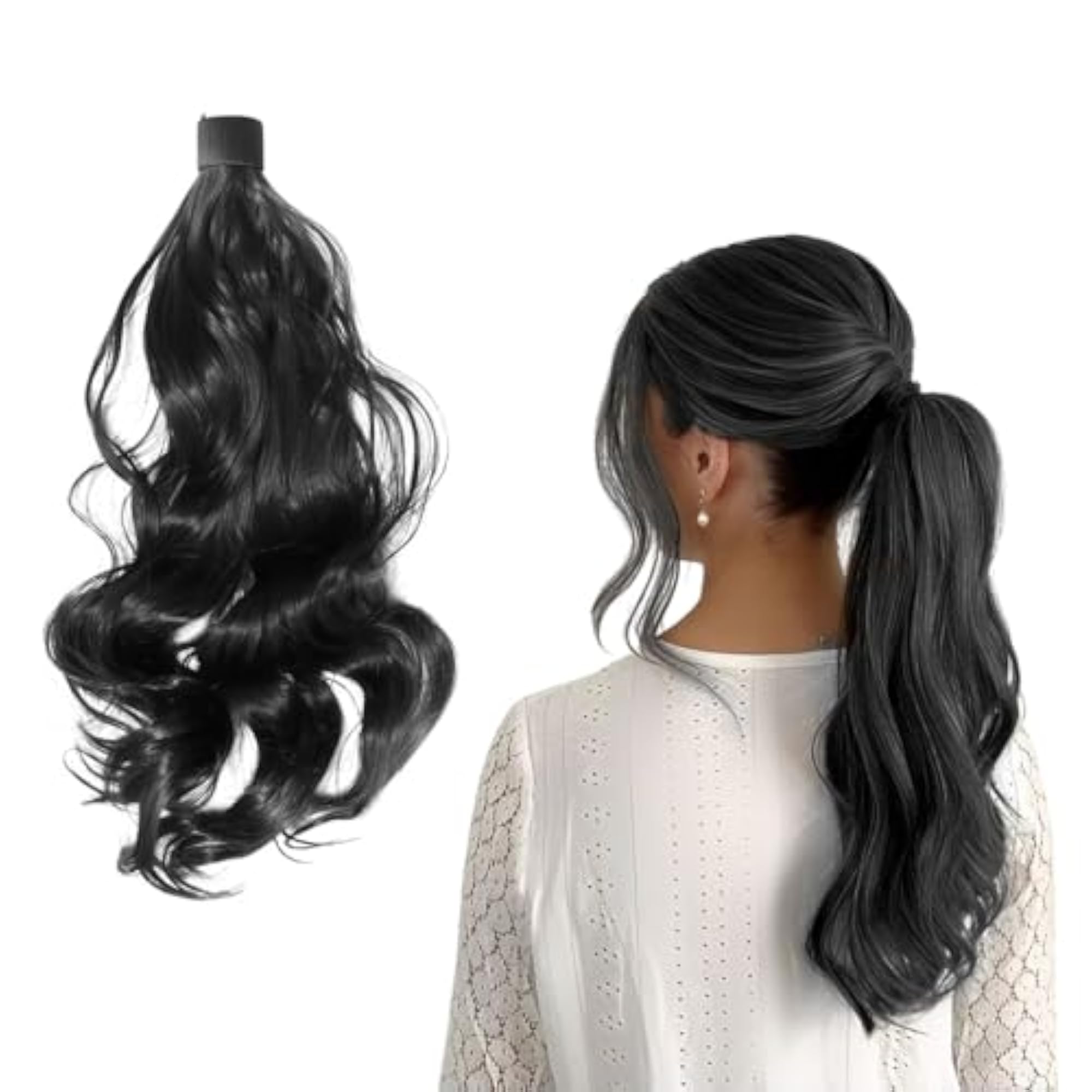 Black Wavy Ponytail Hair Extension, 24 Inch Natural Look