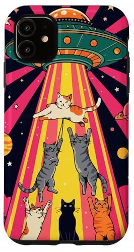 Alien Abduction Cats UFO Disco Volante Spazio Retro Vintage Custodia per iPhone 11