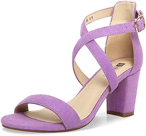 IDIFU Women's IN3 Grace Strappy Block Heels Sandals Comfy Open Toe Chunky Dress Wedding Shoes with Adjustable Cross Strap (9.5, Lilac Suede)