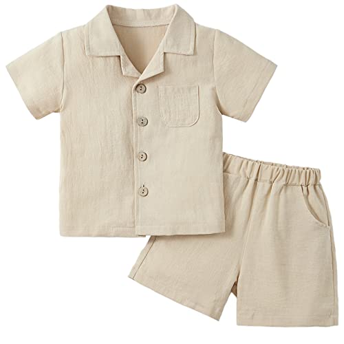 Baby Boy Clothes Set Toddler Summer Outfit Cotton Linen Short Sleeve T-Shirt Tops Pocket Button-Down Shirt Shorts Set Khaki #TOP17