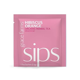 Grace Farms Organic HIBISCUS ORANGE Herbal Tea 100 Enveloped Pyramid Sachets w/String & Tag | Healthy and Caffeine Free | Organic, Fair Trade and Kosher Certified | Gives Back 100% of Profits