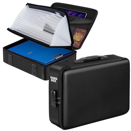 Chokoter Fireproof Document Box with Lock＆Shoulder Strap, Hard-Shell Case File Organizer with Accordion File Folder, Multi-Layer Portable Home Office (Dark Black)