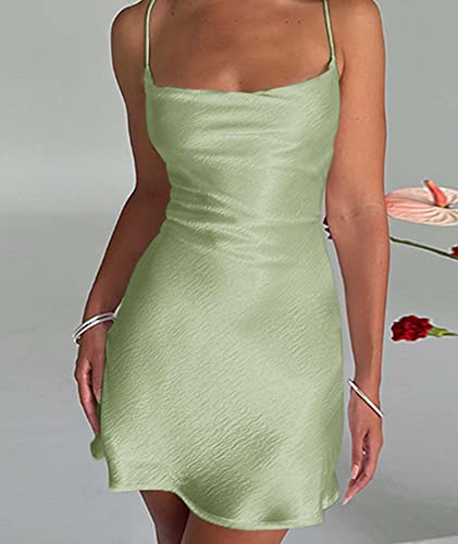 xxxiticat Women's Satin Mini Dress Sleeveless Cowl Neck A-Line Swing Party Lace Up Bandage Open Back Short Slip Dress3