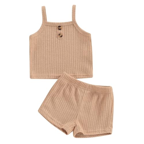 Image of Toddler Baby Girl Summer Clothes Ribbed Sleeveless Button Front Cami Tops and Shorts Infant Outfits Set