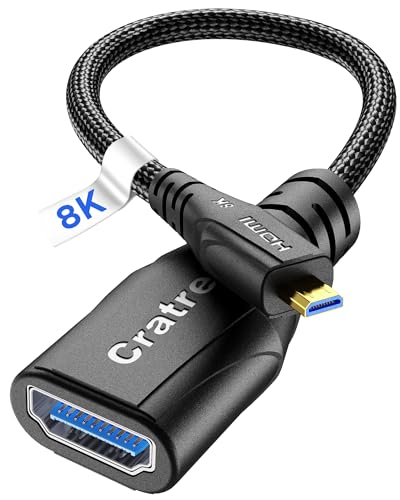 Cratree 8K Micro HDMI to HDMI Adapter, Micro HDMI Male to HDMI Female Adapter Cable,8K@60hz,4K@120hz,Support HDR eARC Dolby Compatible with GoPro Hero 7 6 5 4,Raspberry Pi 4,Sony,Nikon(0.6ft)