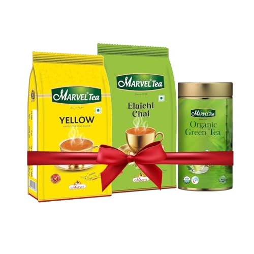 Image of Marvel Tea Combo of Yellow, Elaichi, Organic Green 2 x 100gm & Yellow, Elaichi Tea 250gm Each with Kadak Ctc, Handpicked Strong Chai from Assam & Darjeeling - Combo of 3 (700g Combo)