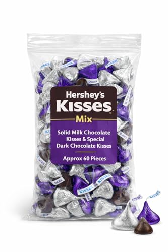 Hershey.sKisses Milk & Dark Chocolate Candy Approx 60 Count of Solid Milk Chocolate in Silver Foils and Special Dark Chocolate Mildly Sweet Kisses Candy in Purple Foils Basket & Hunt Filler