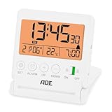 ADE Digitaler Reisewecker | Uhr mit Temperaturanzeige | Kleiner Wecker mit Licht | integrierter Klappspiegel im Deckel | einfache Bedienung | weiß