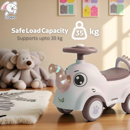 Image of Storio Elephant Baby Ride-On Car Toy with Light and Music - Brown | Push Car for Kids with Backrest & Steering, 1-3 Years