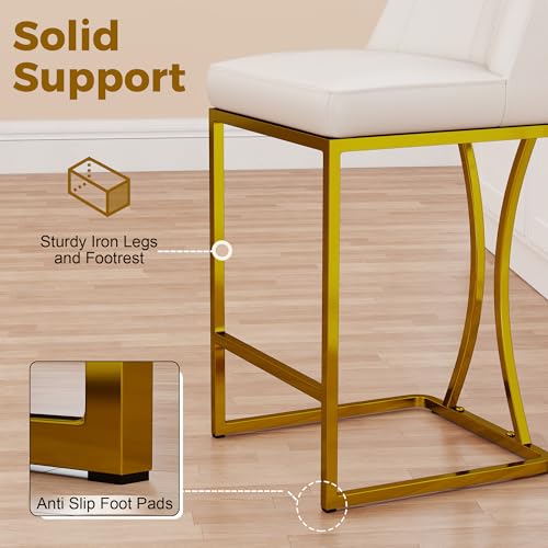 Image of LSSBOUGHT Counter Height Bar Stools Set of 2 24'' Upholstered Padded Barstools with Back Glam Kitchen Island Chairs with Golden Metal Iron Frame (White-Button-Gold Leg, 4PCS)