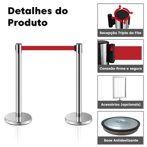MICHELANGELO Pedestal Premium Organizador Separador de Fila Cromado com Fita Retrátil Vermelha 2 Met
