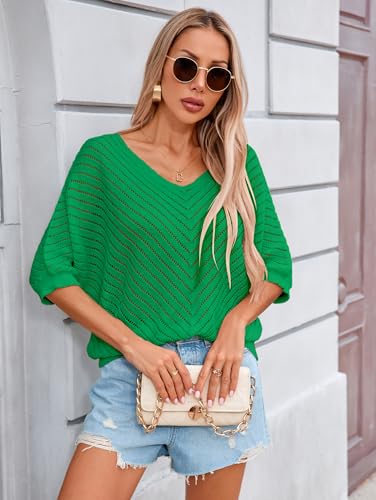 Image of Libsorge Womens Sexy V Neck 3 /4 Sleeve Sweater Spring 2025 Trendy Dressy Casual Outfits Lightweight Crochet Knit Pullover Top