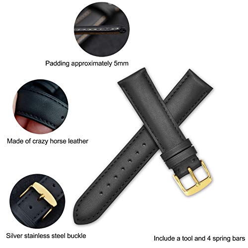 Wocci 20Mm Vintage Leather Watch Band For Men And Women, Gold Buckle (Black) #TOP3