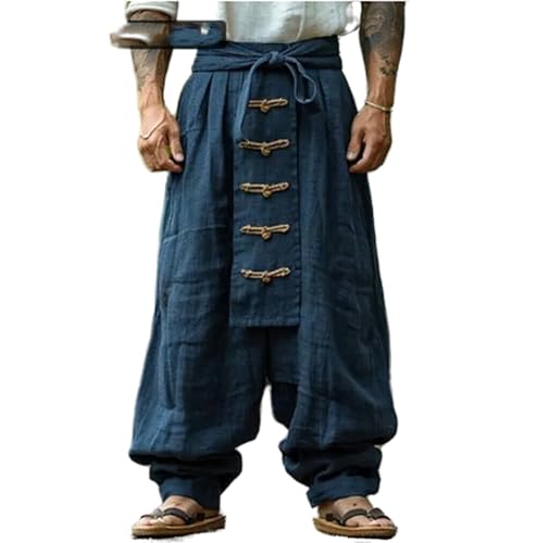crazynekos Mens Baggy Linen Pants Casual Drawstring Elastic Waist Loose Fit Hippie Dance Pants Trousers Streetwear