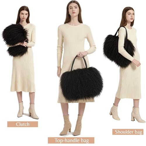 Image of Women Luxury Real Lamb /Mongolian Flush Wool Fur With Genuine Leather Handles Handbag