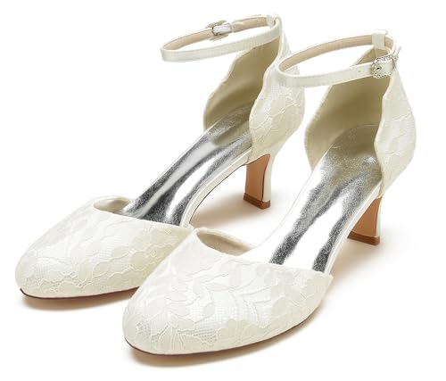 Hanfike Womens Lace Wedding Shoes Low Heel Round Toe Bridal Formal Party Pumps JY1483