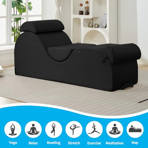 Mjkone Yoga Chair for Adult, Chaise Lounge Chair with Side Pockets, Velvet Curved Yoga Sofa with Headrest, Waist Cushion, Movable Footrest for Relaxation Stretching for Bedroom, Black