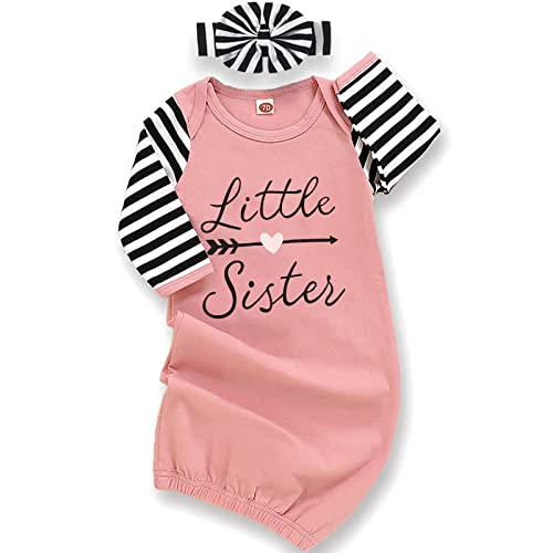 Image of AMAWMW Newborn Baby Girl Little Sister Sleeper Gown Stripe Long Sleeve Nightgown Pajamas Gifts Stuff Essential Outfit