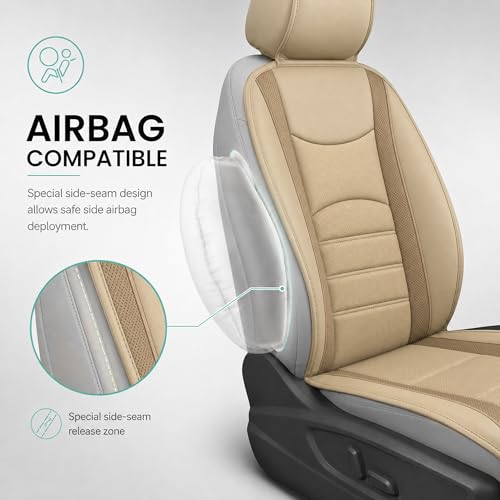 Image of FH Group Front Set Faux Leather Car Seat Cushions for Low Back Seat, Universal Fit, Airbag Compatible Seat Cover for SUV, Sedan, Beige Tan