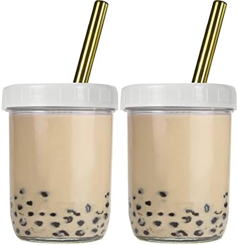 Pckydo Bubble Tea Cups 2 pack, Reusable Wide Mouth Smoothie Cups, Iced Coffee Cups With White Lids and Gold Straws Mason Jars Glass Cups, Travel Glass Drinking Bottle (16oz, Gold Straws)