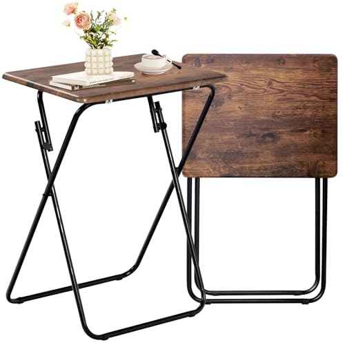 FurnitureR Folding TV Tray Tables Set of 2, Foldable Side Table Dinner Trays, Compact Snack Tables for Bed Couch Sofa, Stable Metal Frame Wooden Table Top, Space Saving, Vintage Brown