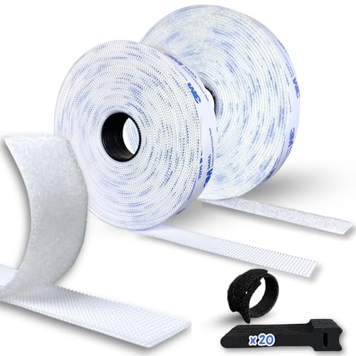 BASAMA 8 metros x 2cm Rollo Belcro Adhesivo Doble Cara Extrafuerte de Nylon + 20 Bridas Sujeta cables | Belcro de Pegar Doble Cara, uso en múltiples superficies | Pegamento Resistente