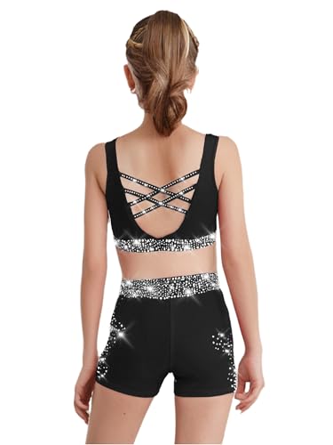 Kids Girls 3 Piece Gymnastic Dance Outfit Crop Top With Booty Shorts Hair Band Set For Yoga Training Black 14 Years3