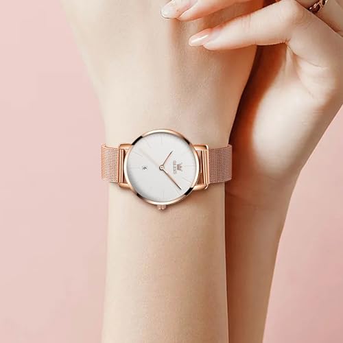 OLEVS Rose Gold Stainless Steel Ultra Slim Wrist Watches for Women - image 3