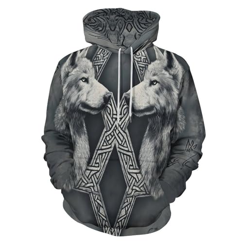 Sweat à capuche homme loups et runes vikings imprimé 3D avec poche