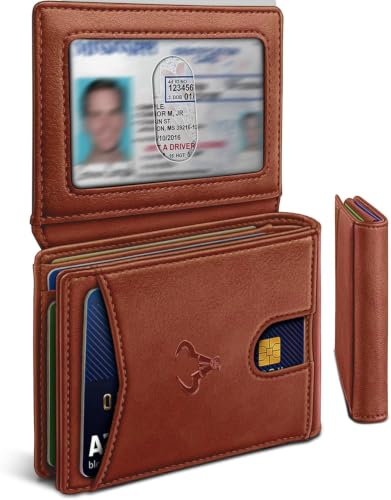 Image of Contacts Slim RFID Blocking Leather Wallet for Men - Minimalist Bifold Card Holder with 11 Slots, ID Window & Cash Pocket - Front Pocket Wallet Gift for Daily Use & Travel (Tan)