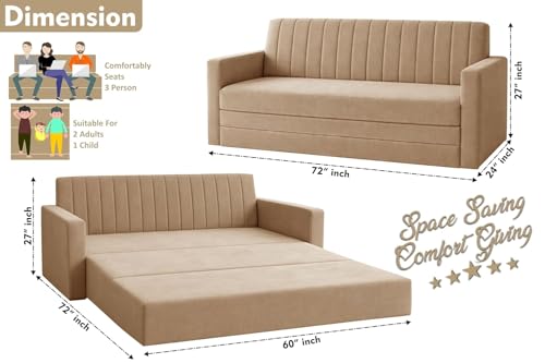 Image of Rosebell 3 Seater Foldable Sofa-Cum-Bed | 3-in-1 Convertible Couch with Armrest | Modern Fabric Sofa for Living Room, Bedroom & Office-Golden-Color