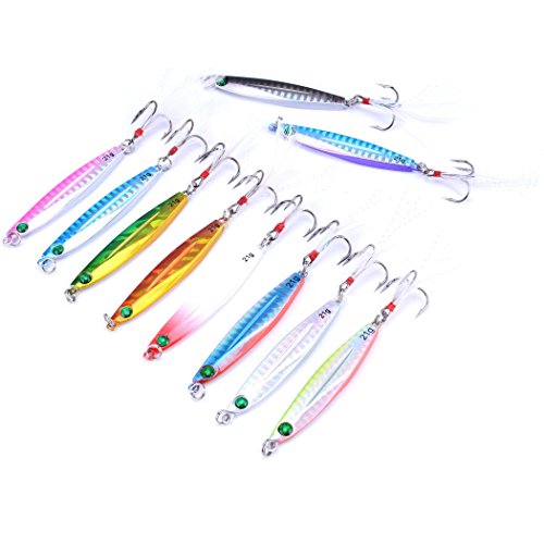 Aorace 10pcs 7cm/21g Fishing Spoon with Treble Hook Bait Lures Fish Jig with Feather