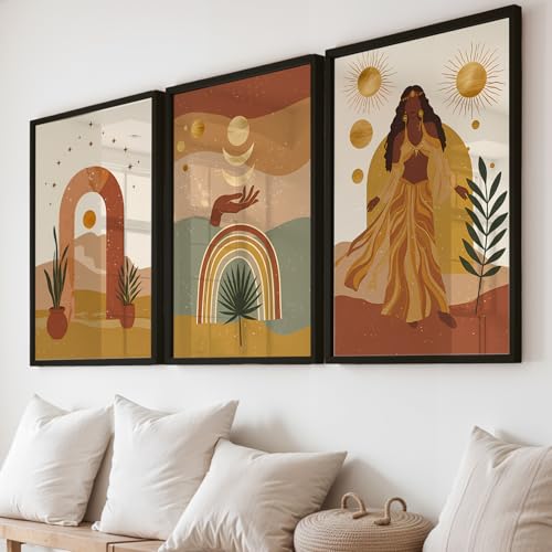 Image of NoWorries Boho Abstract Wall Art Framed Painting Set of 3 | Sun Moon Rainbow Woman Illustration Printswith Frame | Modern Aesthetic Bohemian Wall Decor Frames for Living Room, Bedroom and Office | Neutral Earth Tone Framed Artwork Ready to Hang (Art-4, 21x31inch, Wooden)