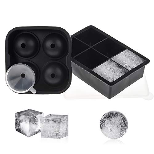 2 PCS Large Premium Ice Cube Trays, AUSSUA Silicone Sphere Whiskey Ice Ball Maker with Lids, Square Ice Cube Molds, for Cocktails, Bourbon, Chilled Drinks, Food, Reusable BPA Free Safe Ice Trays