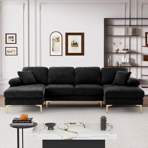 Image of OUYESSIR 112 inch Cloud Sectional Sofa with Extra Deep Seat,U Shaped Sectional Couches for Living Room,4 Seater Chenille Sofas & Couches,Modern Apartment Couch with Double Chaise Lounge, Black