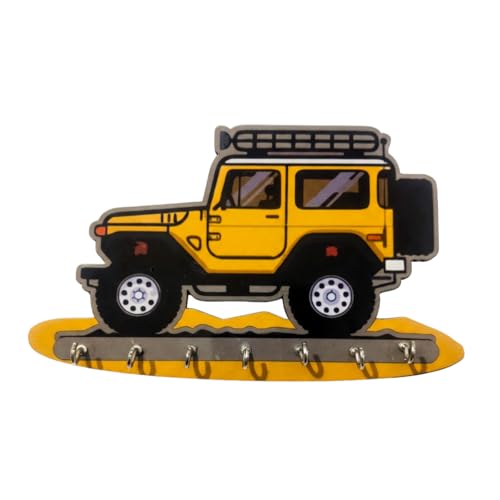 Image of Jeep Key Holder for Wall - Yellow Off‑Road Car Wooden Key Hanger with 7 Metal Hooks - MDF Wall Mounted Key Stand & Entryway Organizer for Kids Room and Home Decor Gift