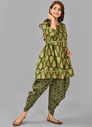 Image of H&N Women 's Casual Cotton Slub Anarkali Printed Kurta with Dhoti (Green)